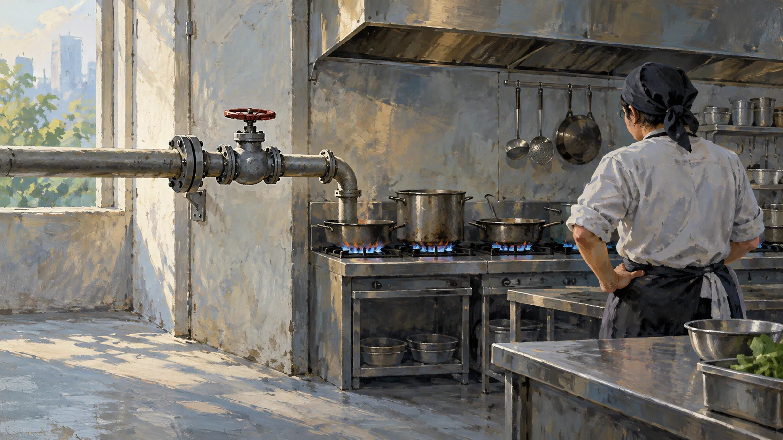 Illustration of a cook facing pots over blue flames in a commercial kitchen, with a large pipe and red valve beside the stove. SI illustration