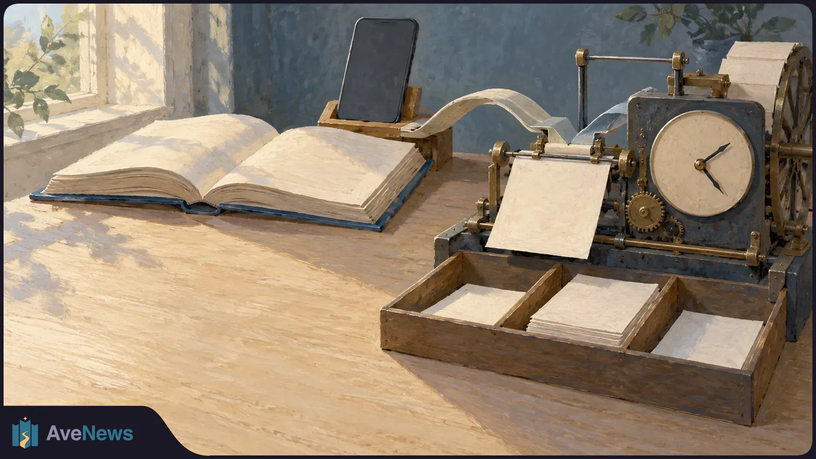 Painted scene of a blank-screen phone, an open book and a clock-faced machine feeding blank sheets into wooden trays on a sunlit desk. SI illustration