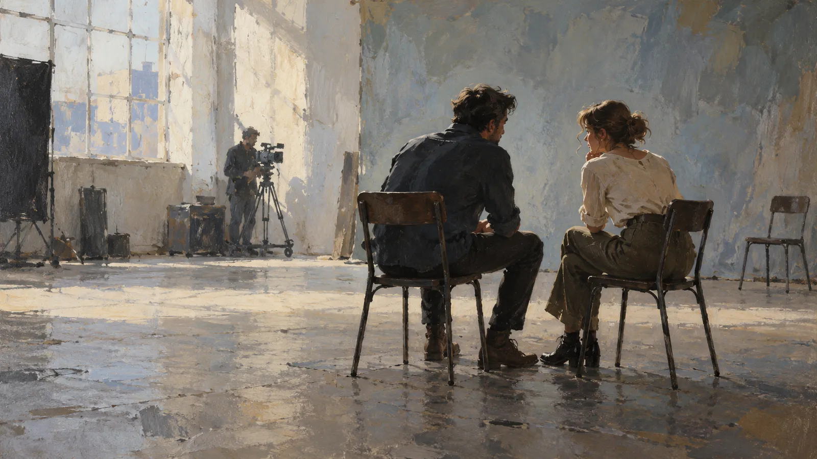 A painted scene of a man and woman seated facing each other in a sunlit studio, with a camera operator behind them. SI illustration