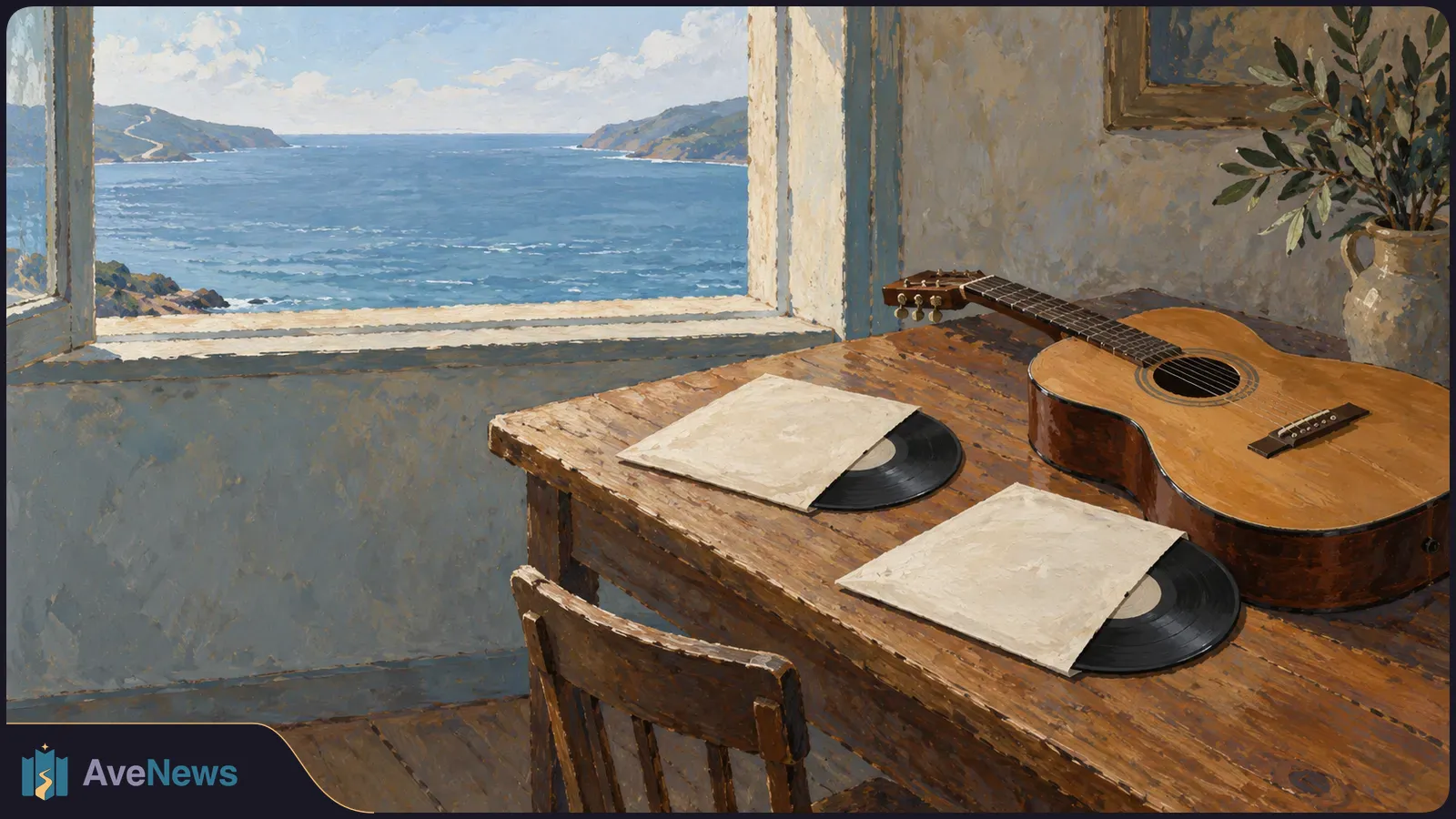Painterly scene of an acoustic guitar and two vinyl records in plain sleeves on a wooden table beside an open window overlooking the sea. SI illustration