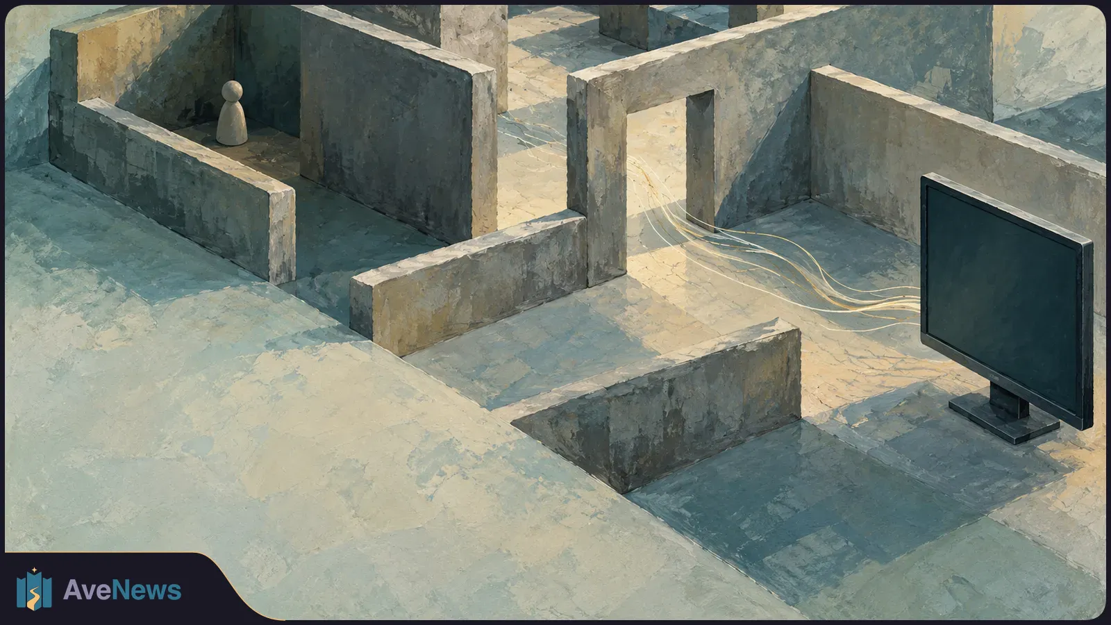 Painterly concrete maze with a small pawn-like figure hidden behind walls, pale lines winding through a doorway, and a blank monitor at right. SI illustration
