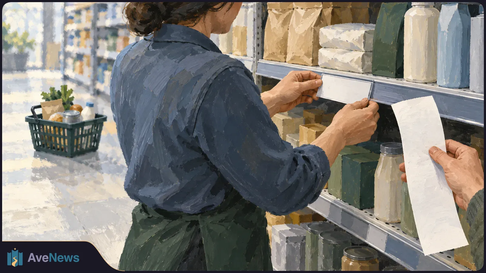 Painted grocery aisle with a person adjusting a blank shelf label beside packaged goods, while another hand holds a long blank receipt. A shopping basket sits nearby. SI illustration
