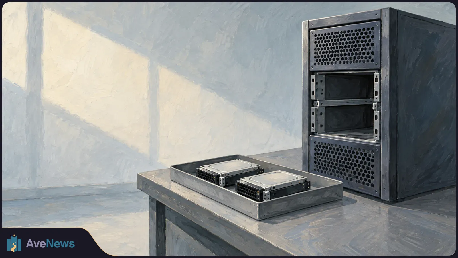 Painted illustration of two computer drives in a tray on a table beside a dark server cabinet with open bays. SI illustration