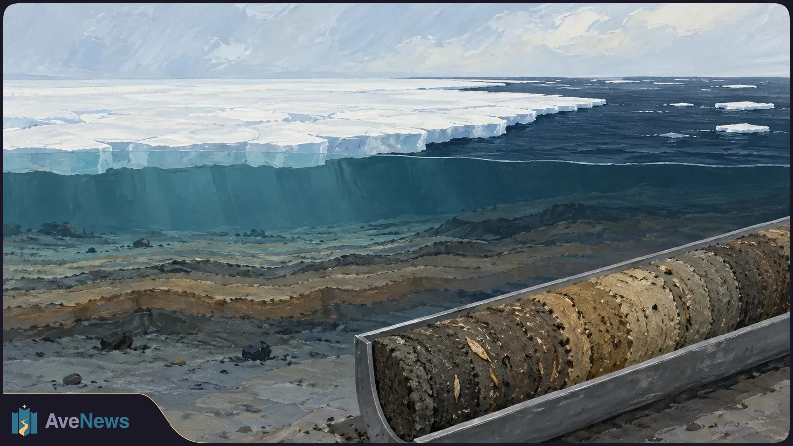 Painted Arctic seascape with a broad ice sheet, dark water and a layered sediment core in a metal tray in the foreground. SI illustration