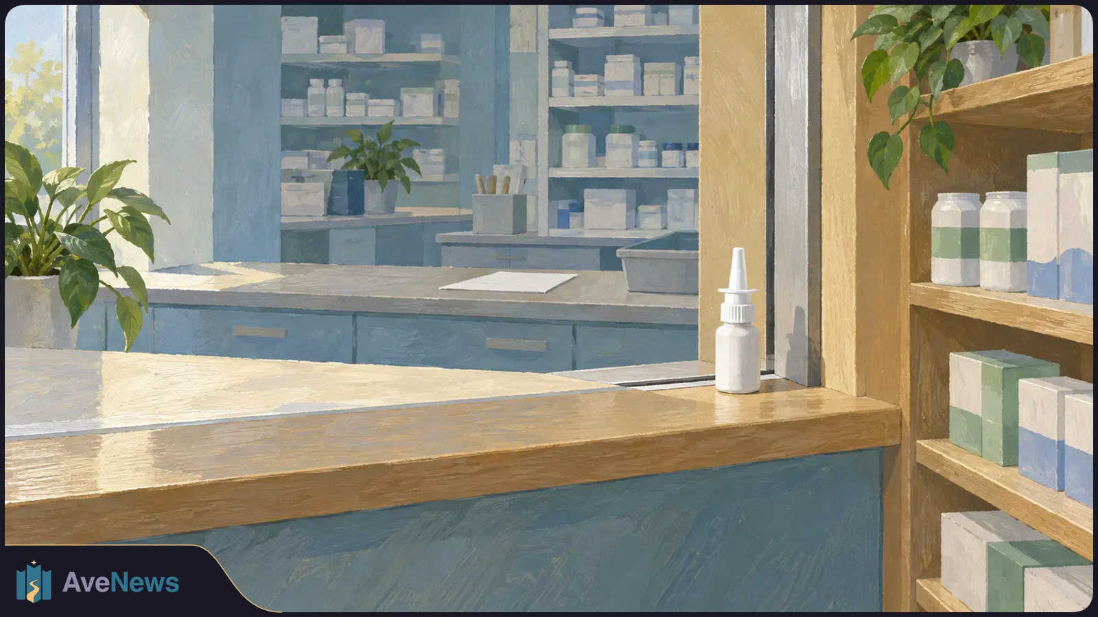 Painted pharmacy counter with a white nasal spray bottle in front of shelves of unmarked medicine boxes and bottles, with plants by a window. SI illustration