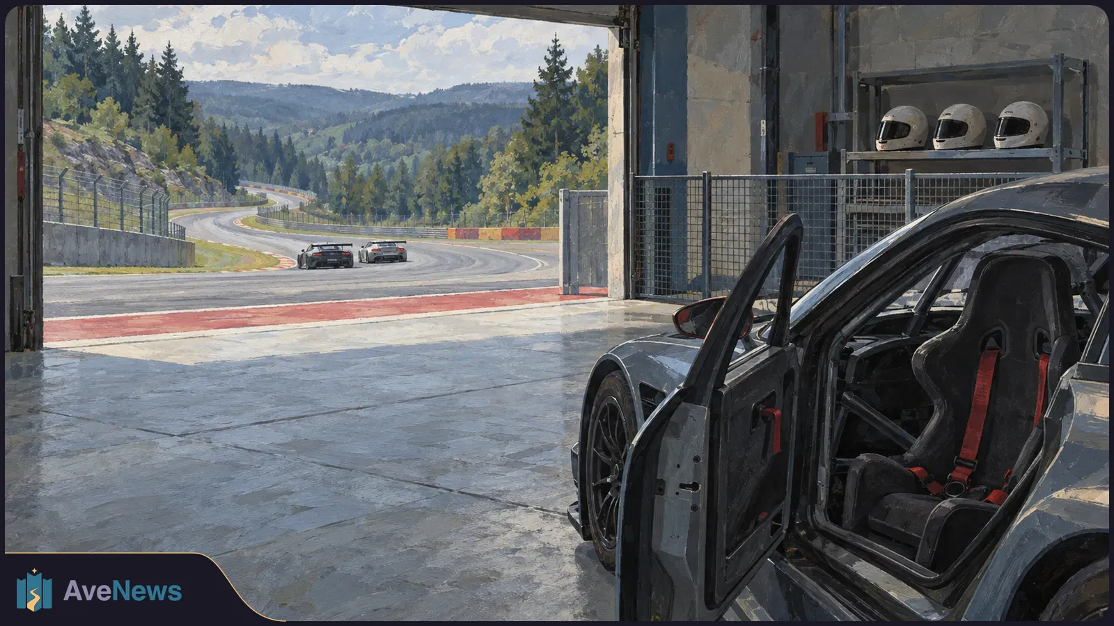 An empty racing seat is visible through the open door of a car in a garage, with two cars rounding a forest-lined track outside. SI illustration