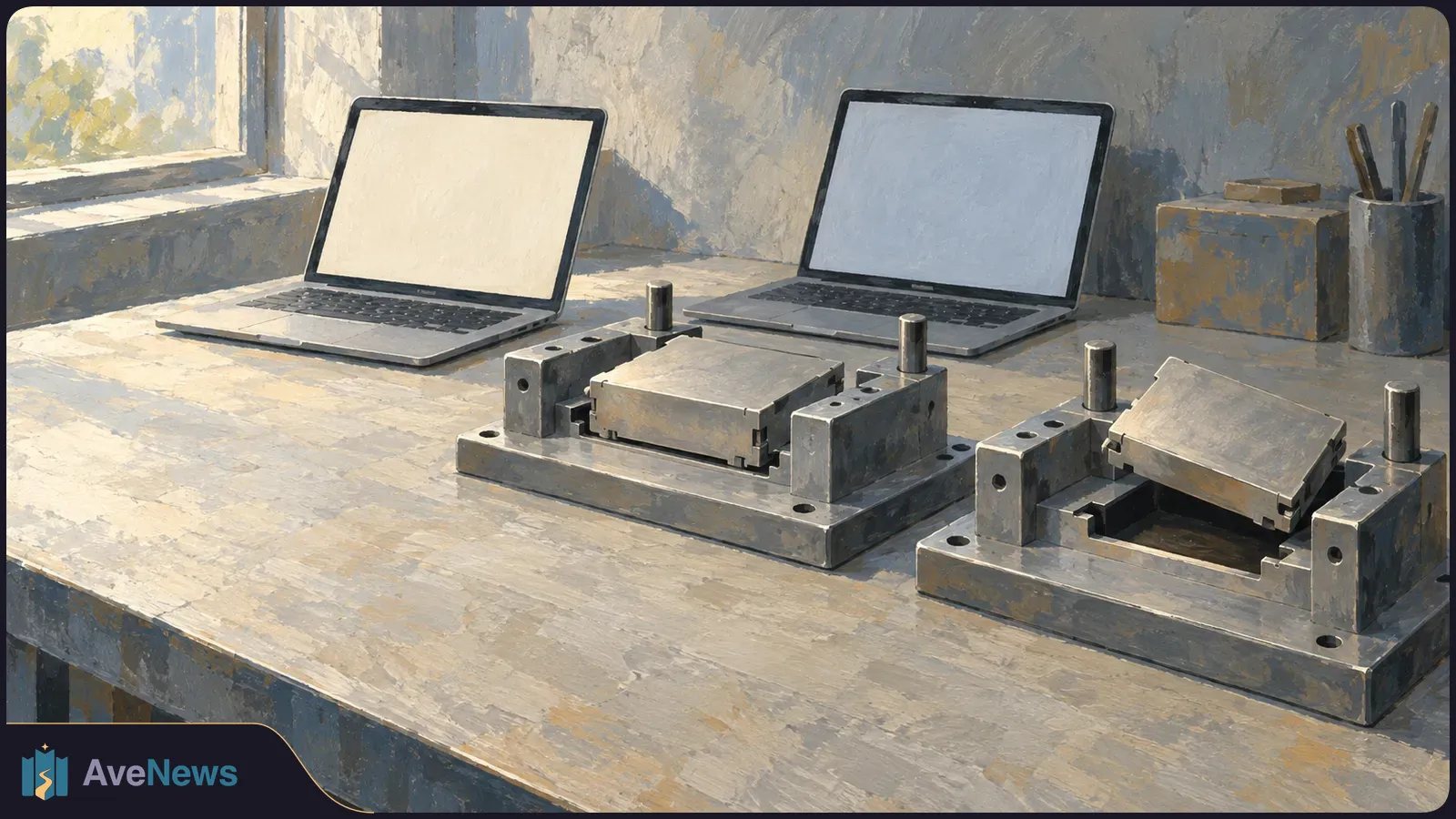 Painted illustration of two blank-screen laptops behind two metal fixtures on a sunlit workbench. SI illustration