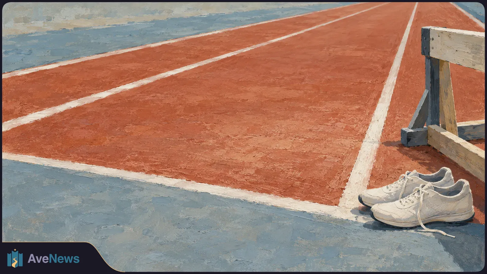 Painterly illustration of an empty red running track with white lane lines, a wooden hurdle at the right and a pair of white running shoes in the foreground. SI illustration