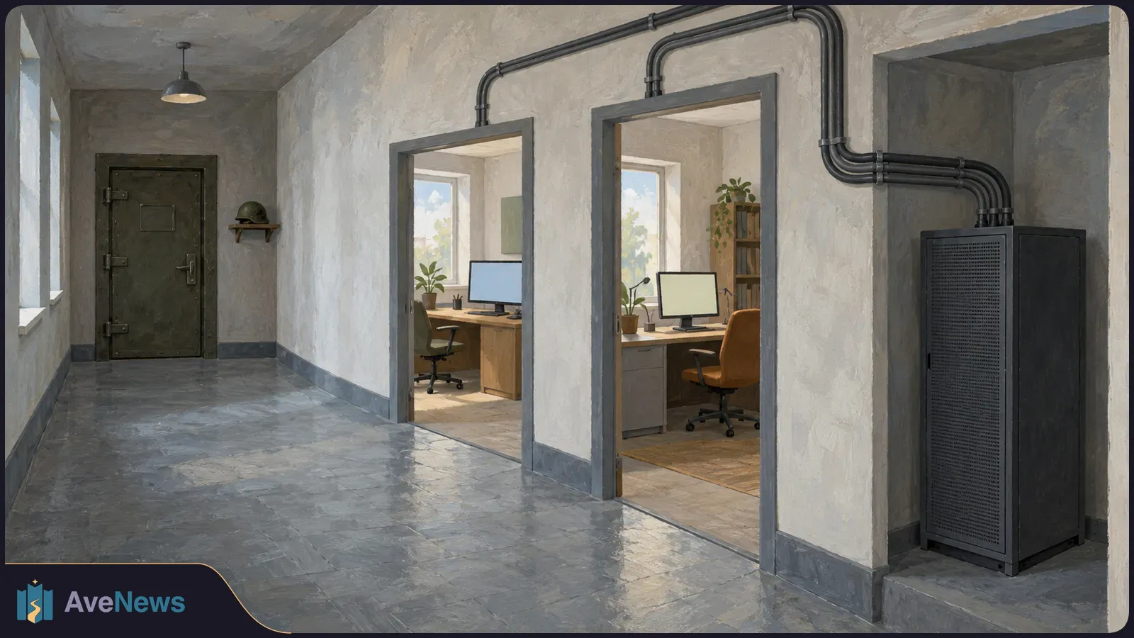Painted corridor with a heavy dark door and helmet, two open offices with blank monitors, and a black equipment cabinet connected by overhead pipes. SI illustration