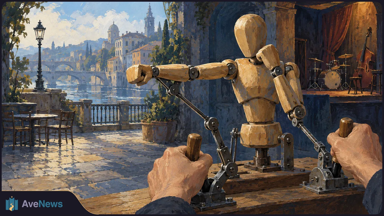 Painted scene of hands operating levers attached to a wooden mannequin, with a riverside terrace, bridge and small stage with instruments behind it. SI illustration