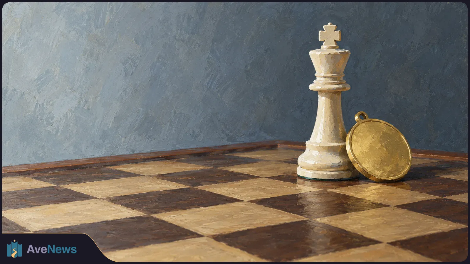 A white chess king stands on a chessboard beside a plain gold medal, against a blue-gray background. SI illustration