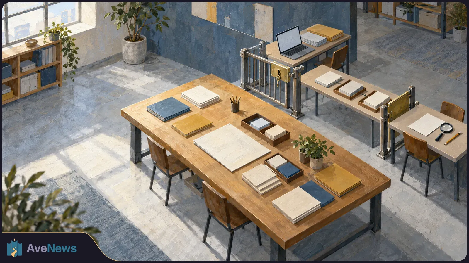 Painted overhead view of a shared workroom with papers spread across tables, a blank laptop, and a lockable metal gate between desks. SI illustration