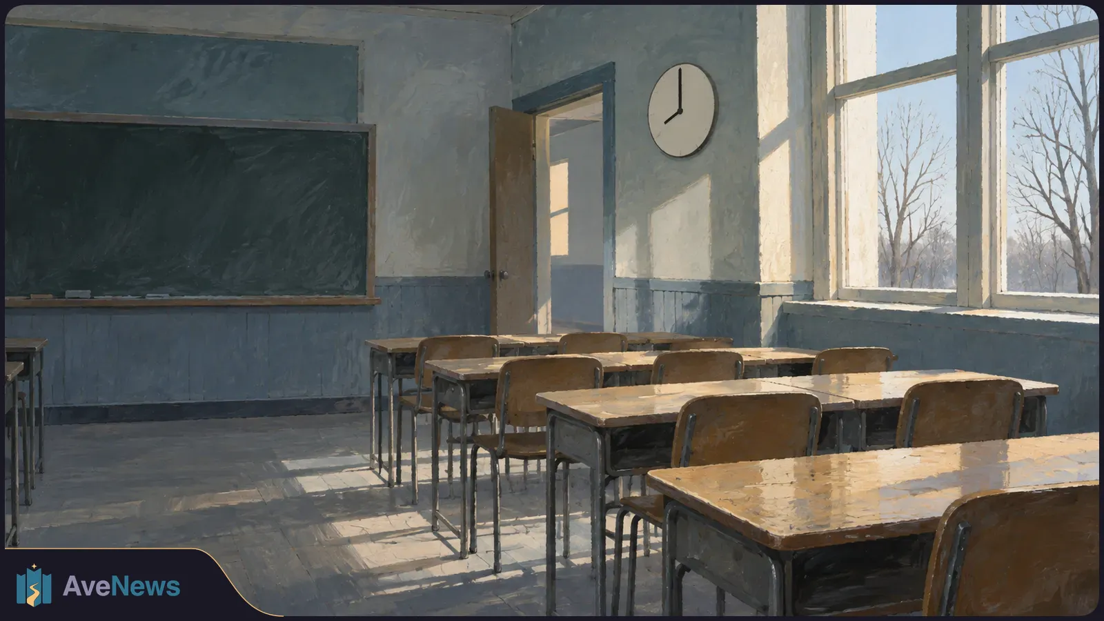An empty classroom with rows of desks, a chalkboard and a wall clock. Sunlight streams through tall windows beside leafless trees. SI illustration