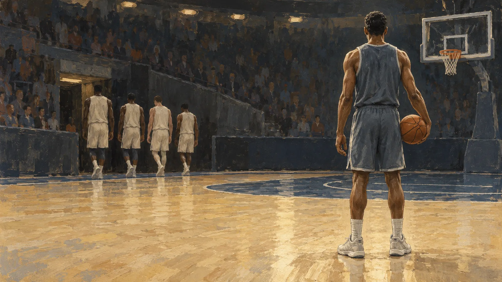 A painted basketball player holds a ball on the court as four players in white walk toward a tunnel, with spectators in the stands. SI illustration