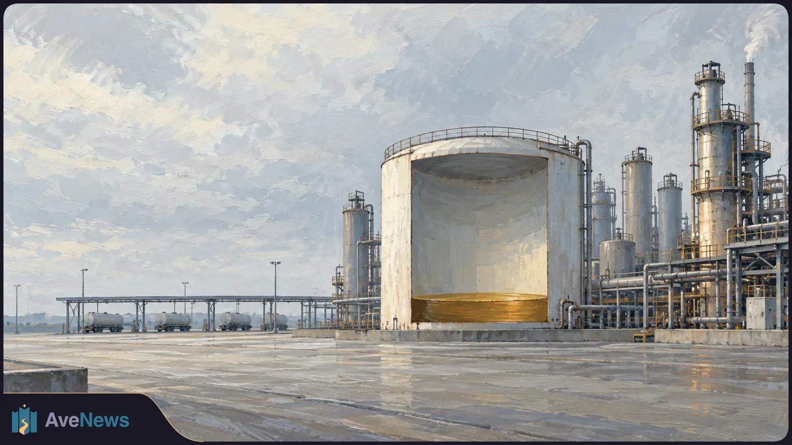 Painted refinery scene with pipes, towers and tanker trucks; a cutaway storage tank shows a shallow layer of amber liquid beneath a cloudy sky. SI illustration