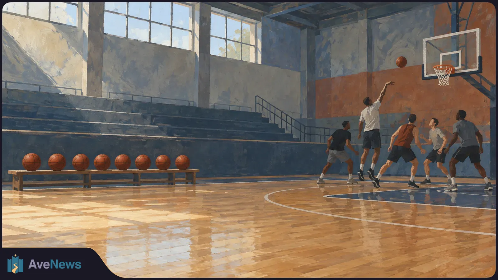 In a painted indoor basketball court, five players gather beneath the hoop as a ball flies toward it. Eight basketballs rest in a row on a sideline bench. SI illustration