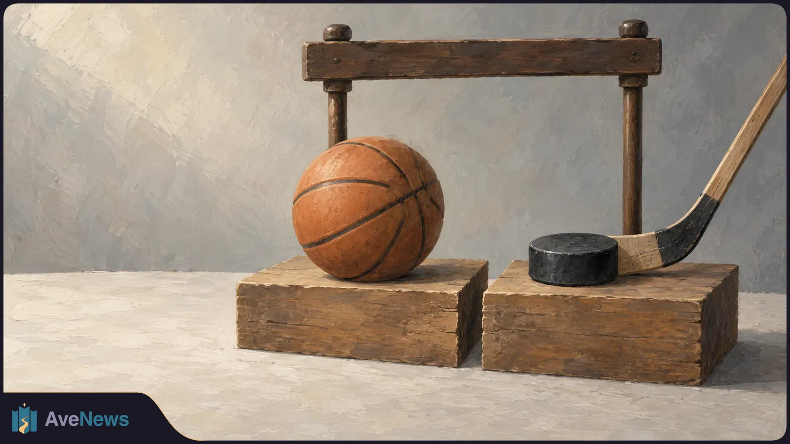 Painterly illustration of a basketball on one wooden block and a hockey puck beside a stick on another, with a wooden frame behind them. SI illustration