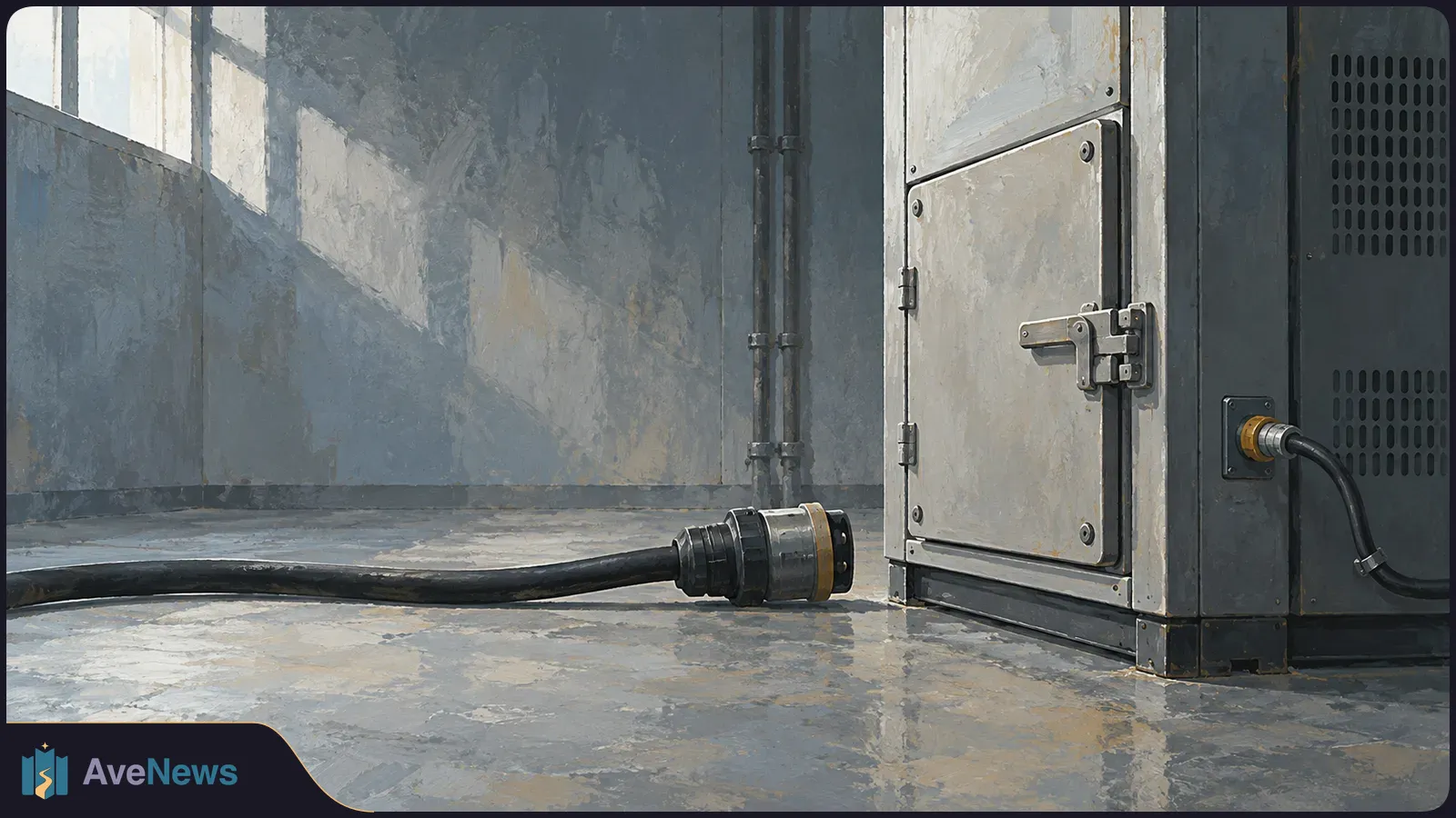 Painterly illustration of an unplugged black cable on a concrete floor beside a gray metal equipment cabinet in a sunlit room. SI illustration