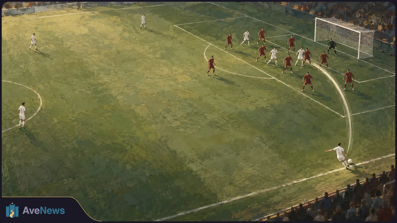 Painterly overhead view of a soccer player in white crossing from the right touchline toward a crowded penalty area, with red-clad defenders and white-clad attackers near the goal. SI illustration