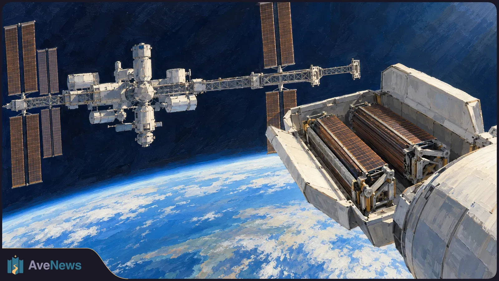 Painted view of a space station above Earth, with two folded solar arrays in an open spacecraft compartment in the foreground. SI illustration
