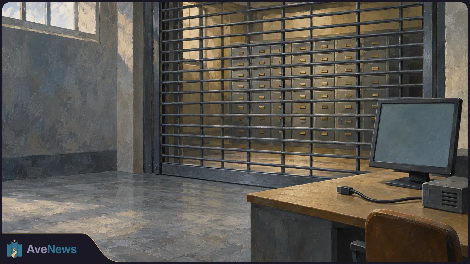 Painted scene of a barred storage room with rows of small drawers. In front, a desk holds a blank monitor and a loose cable. SI illustration