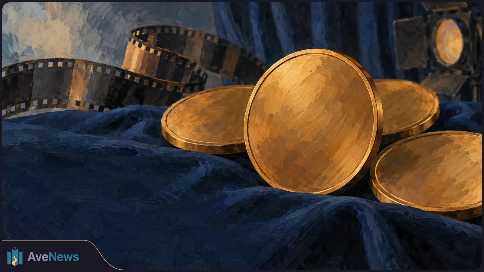 Painted golden discs rest on dark blue draped fabric, with curling filmstrips behind them and a glowing stage light at the upper right. SI illustration