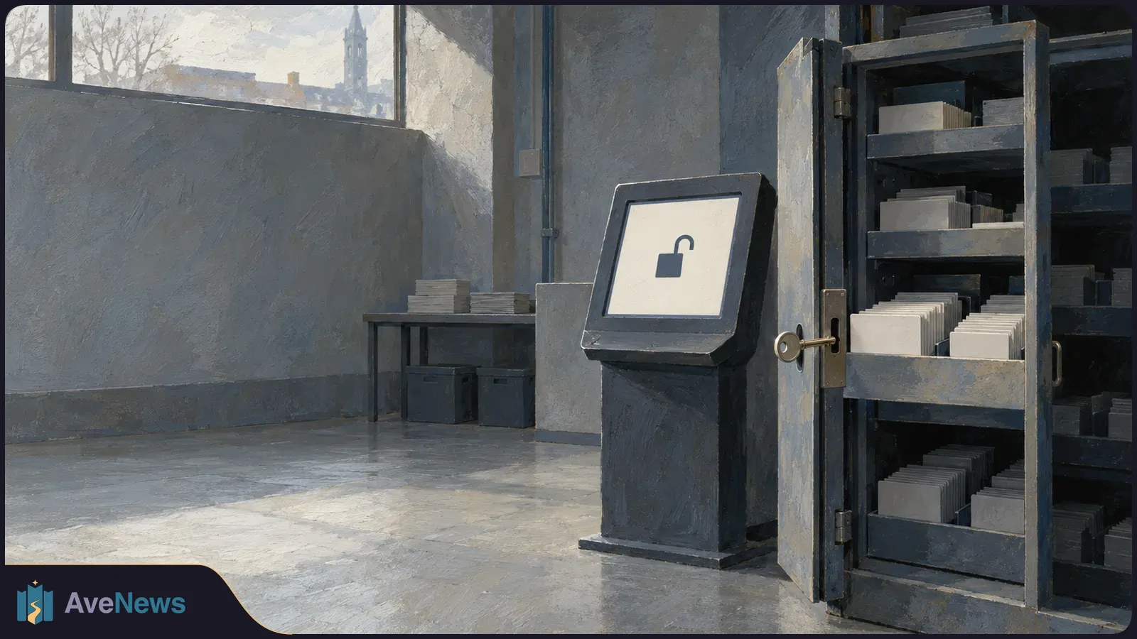 Painted room with an open cabinet of blank files, a key in its lock, and a screen showing an unlocked padlock; a tower is visible through the window. SI illustration