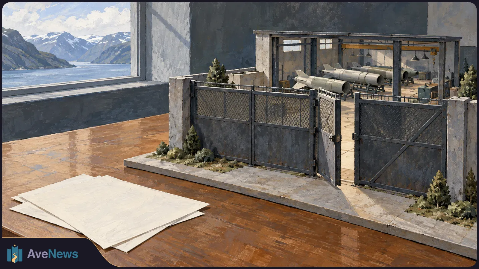 Painted scene of an open metal gate leading to a workshop with missile-shaped objects; blank sheets lie on a table, with a mountain fjord visible through a window. SI illustration