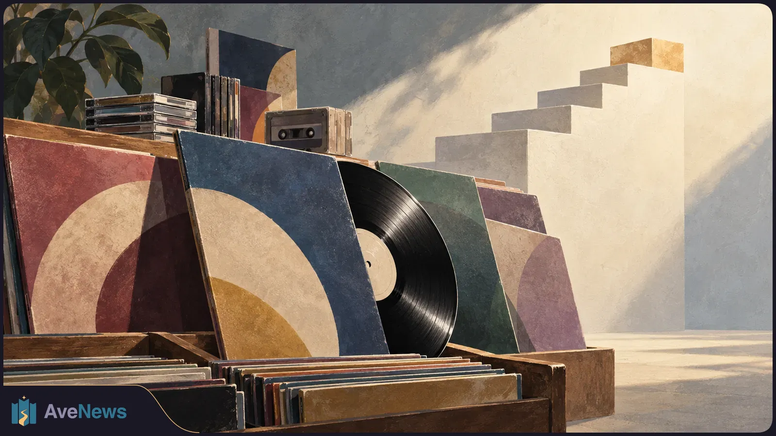 Illustration of crates filled with vinyl records, with CDs and a cassette behind them and a staircase rising in warm sunlight. SI illustration