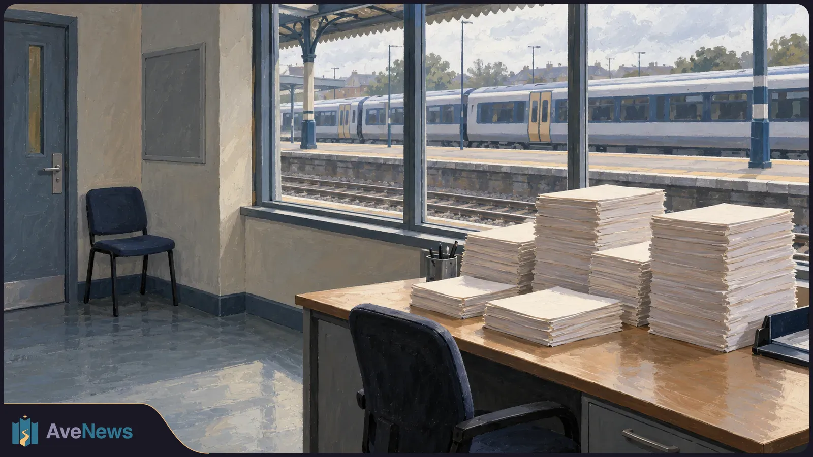 Stacks of blank paper cover a desk in an empty station office. Through the windows, a train stands beside a platform across the tracks. SI illustration
