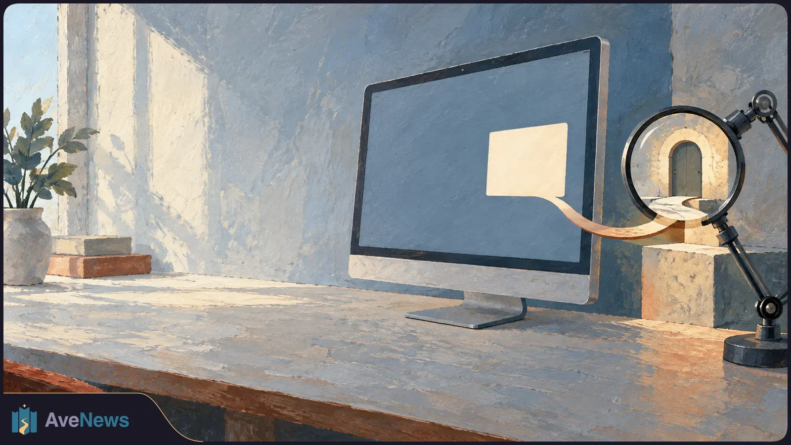 Painted desk scene with a computer showing a blank speech bubble. A curved ribbon leads from the screen to an arched door seen through a magnifying glass. SI illustration