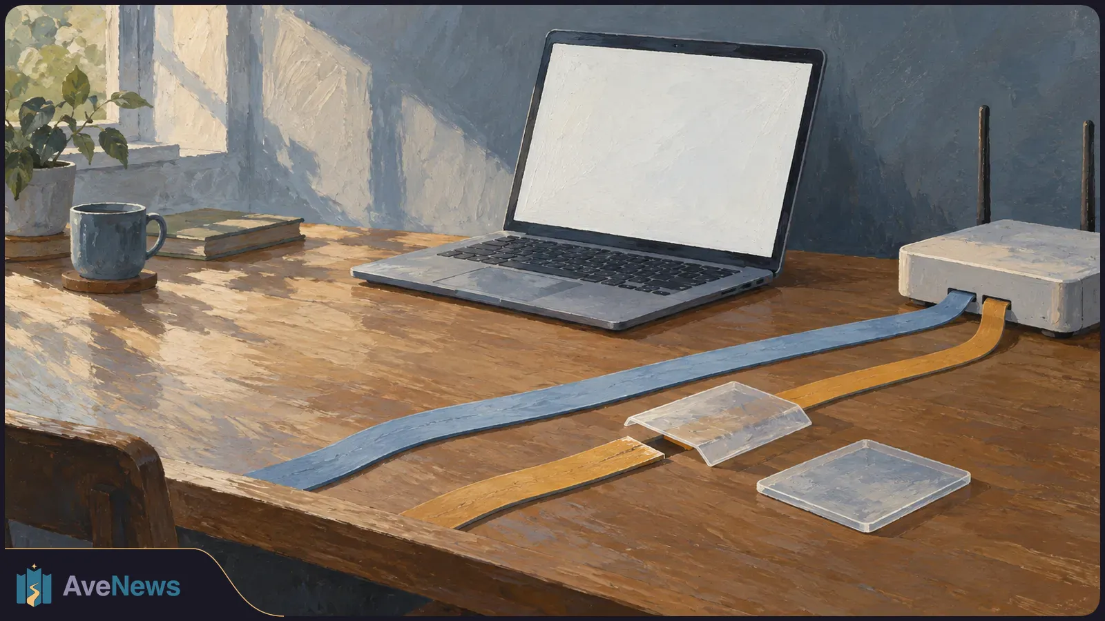 Painted desk scene with a blank-screen laptop, a white two-antenna router, blue and yellow cable-like strips, a mug, a book and a potted plant. SI illustration