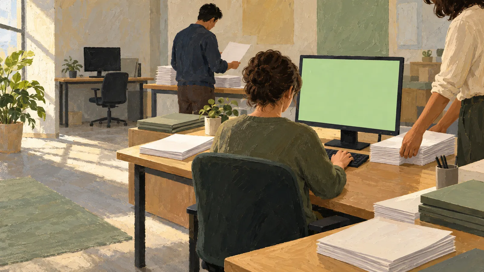 Illustration of three people in a sunlit office with stacks of papers; one sits at a computer with a blank green screen. SI illustration