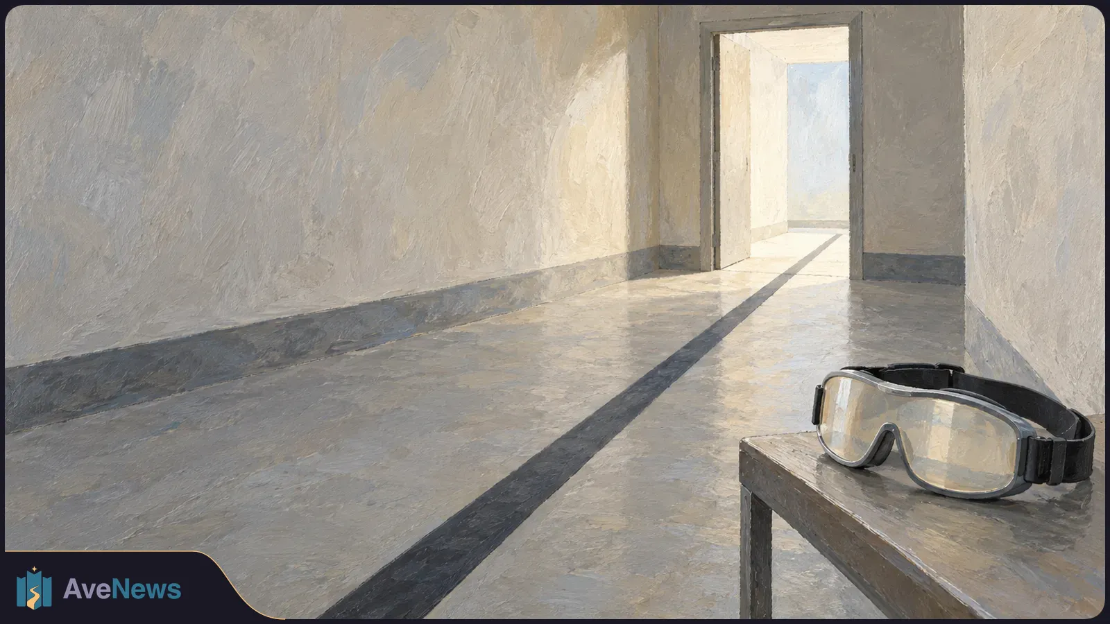 Goggles rest on a table beside an empty corridor, where a dark floor line leads through an open doorway. SI illustration