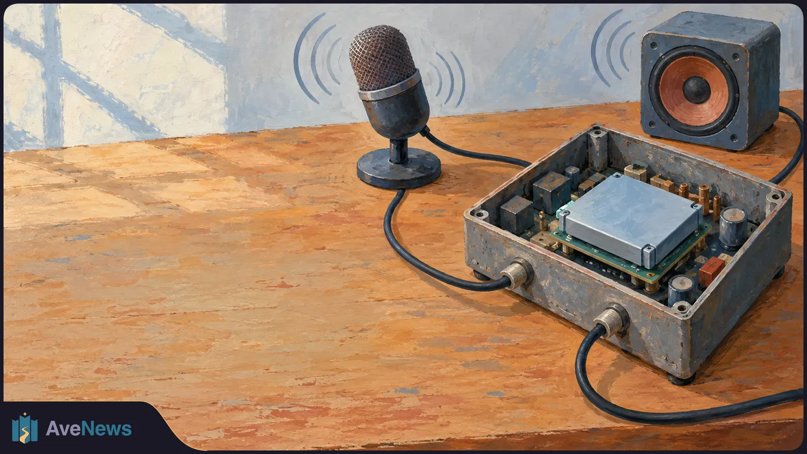 Painted microphone and speaker beside an open electronics box with a circuit board, connected by black cables on a wooden table. Curved lines suggest sound waves. SI illustration