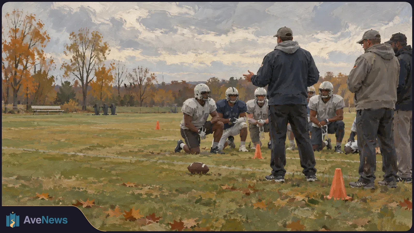 Painterly scene of helmeted football players kneeling on a grassy field while three standing figures face them; a football, orange cones and autumn trees are nearby. SI illustration