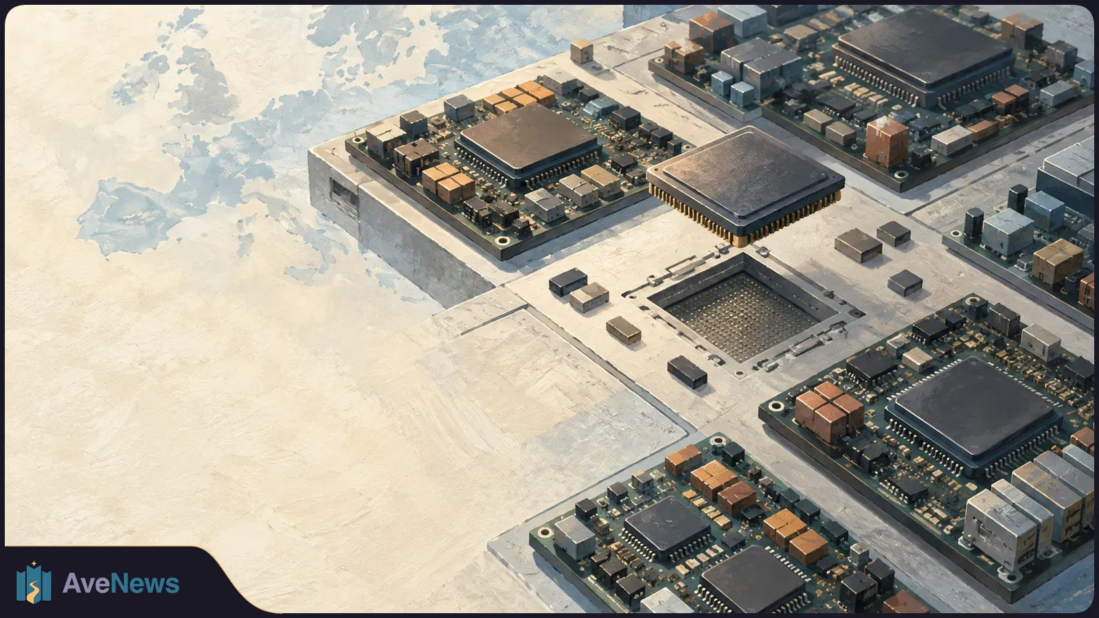 Illustration of circuit boards and microchips arranged beside a pale map of Europe, with one chip hovering above an empty socket. SI illustration