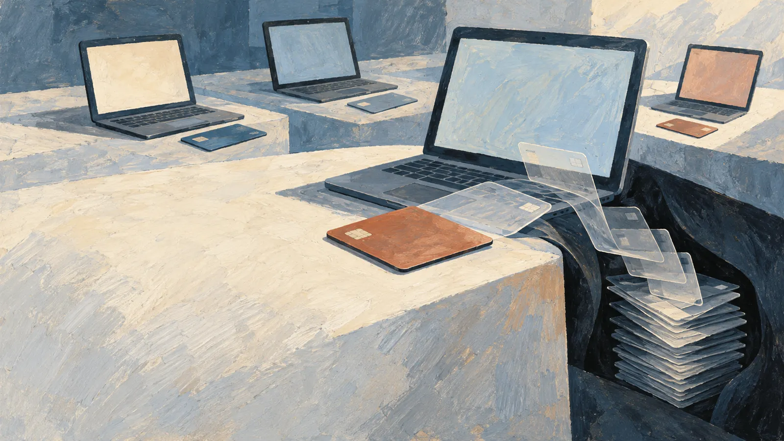 A painted illustration of laptops and chip cards on pale counters, with translucent cards descending into a dark recess beside the largest laptop. SI illustration