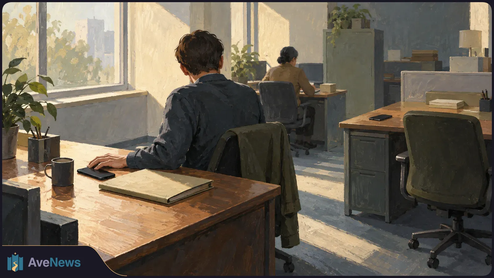 Painterly office scene with two people seen from behind at separate desks. A mug, notebook and phone sit on the foreground desk; sunlight streams through large windows. SI illustration