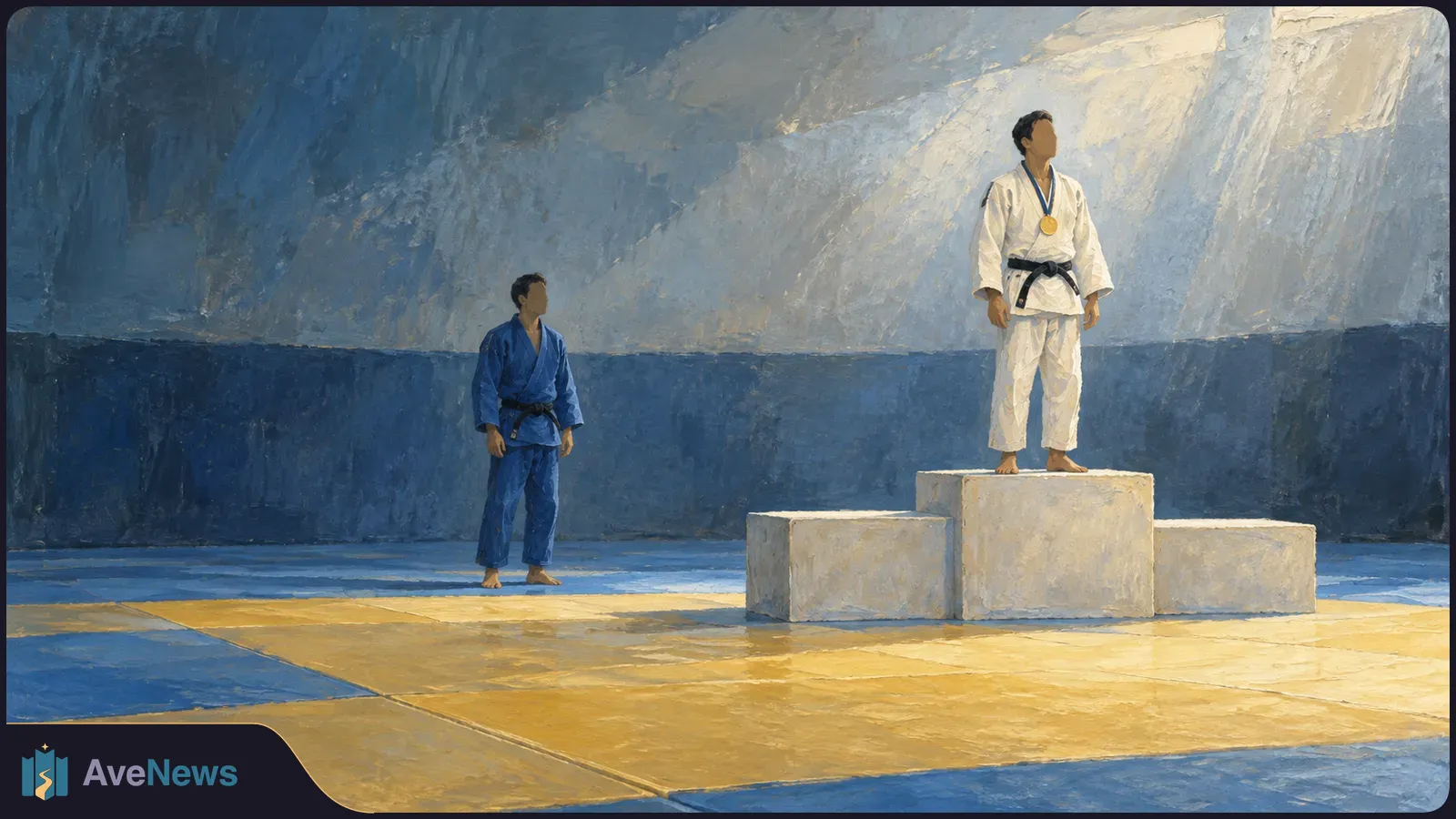 Painted judo scene: an athlete in white with a gold medal stands on the highest podium block, while an athlete in blue stands beside it. SI illustration