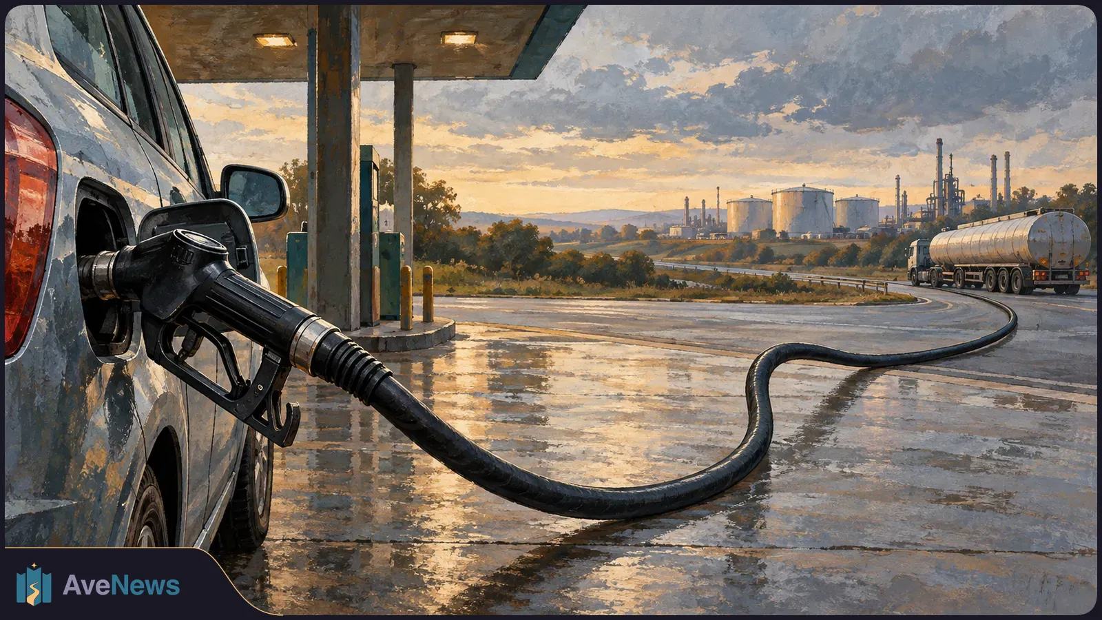 A fuel nozzle is inserted into a car at a wet filling station. Its long hose curves across the forecourt toward a tanker truck and refinery tanks in the distance. SI illustration