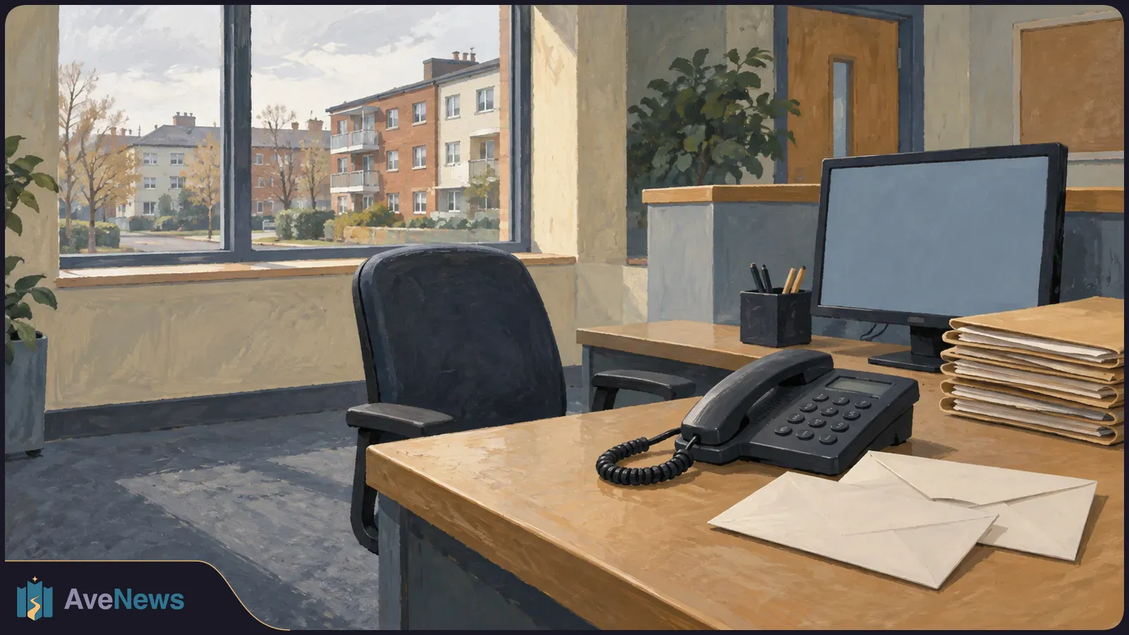 Painted office scene with a desk phone, blank envelopes, stacked folders and an empty monitor beside a window overlooking apartment buildings. SI illustration