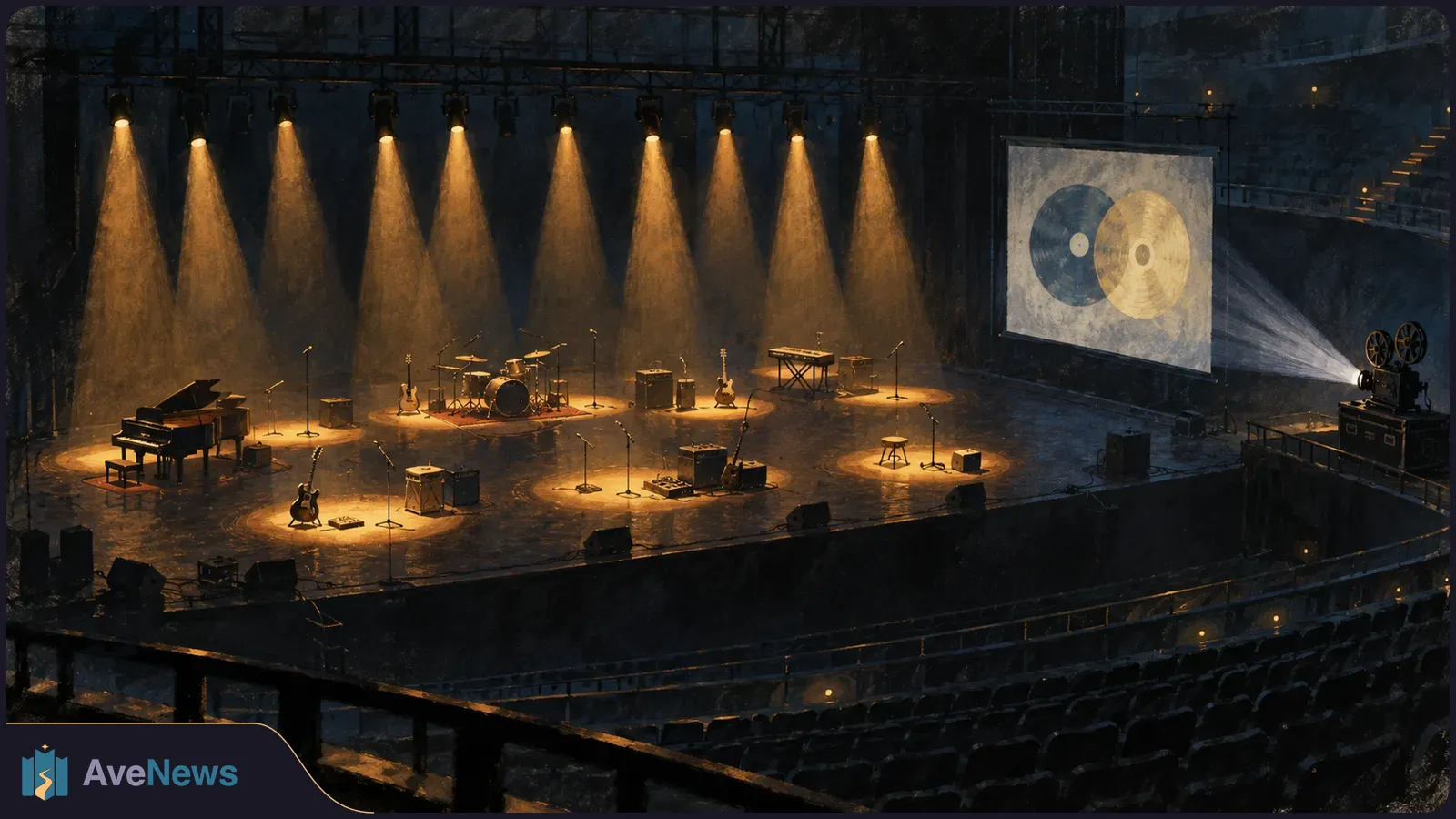 An empty arena stage with spotlit instruments and microphones. A projector casts two overlapping disc shapes onto a screen; rows of empty seats fill the foreground. SI illustration