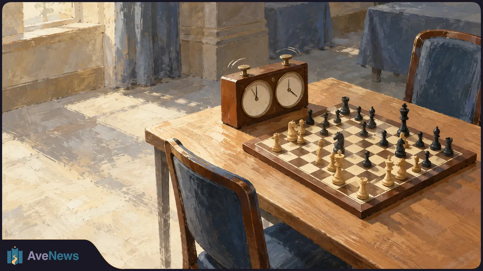 Painted scene of a chessboard with pieces midgame and a two-dial chess clock on a wooden table in a sunlit room. SI illustration