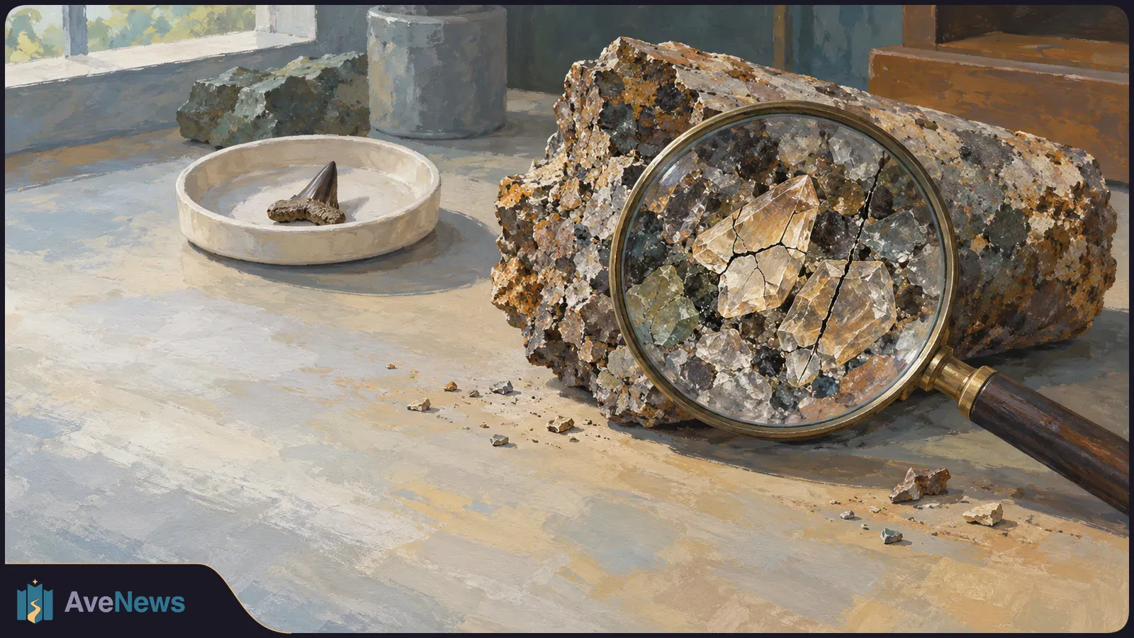 Painted still life of a magnifying glass over crystals in a rock sample, with a small fossil tooth in a dish nearby. SI illustration