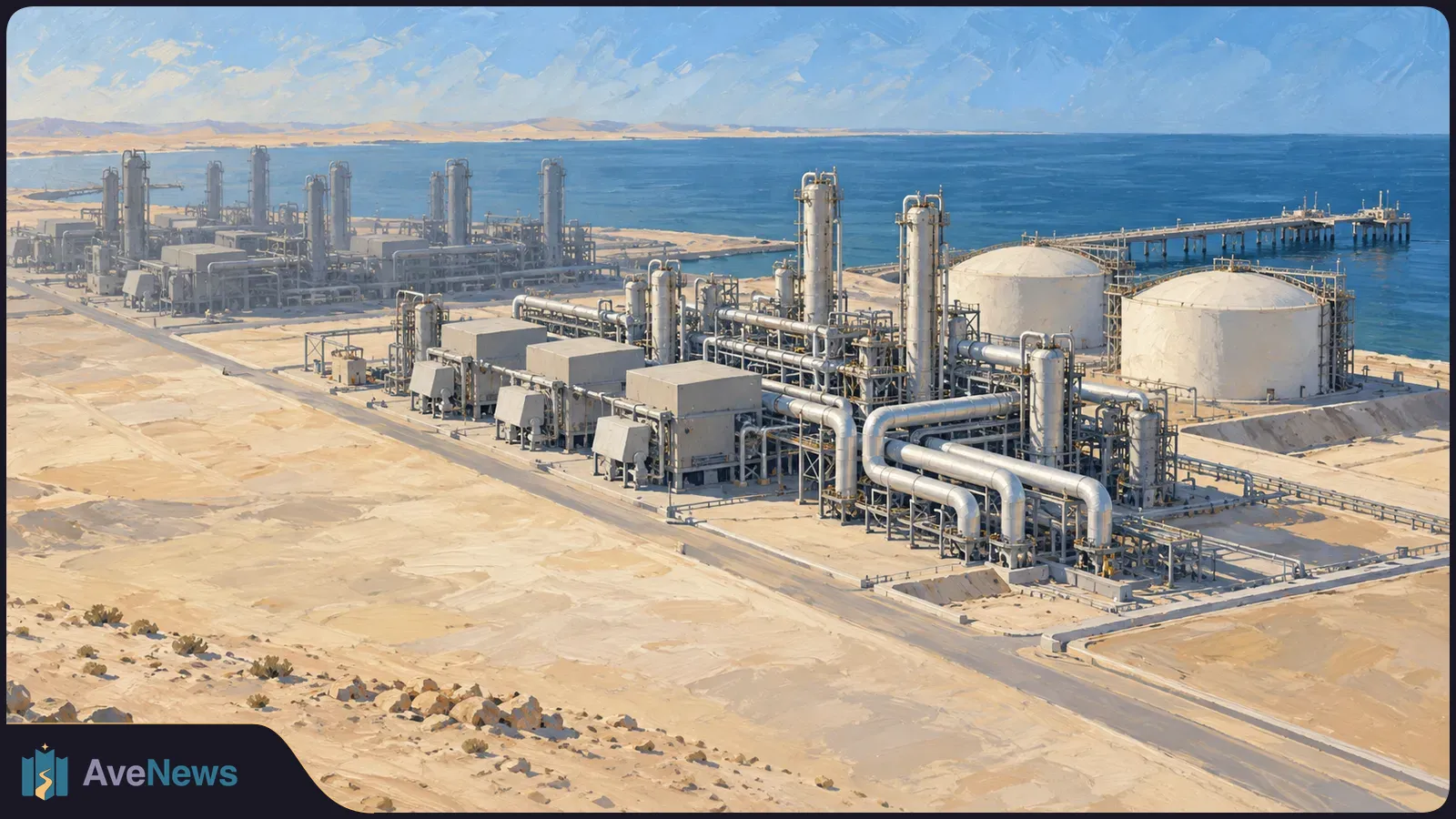 Painted aerial view of a coastal industrial plant with silver pipes, tall processing towers, two white storage tanks and a pier extending into blue water. SI illustration