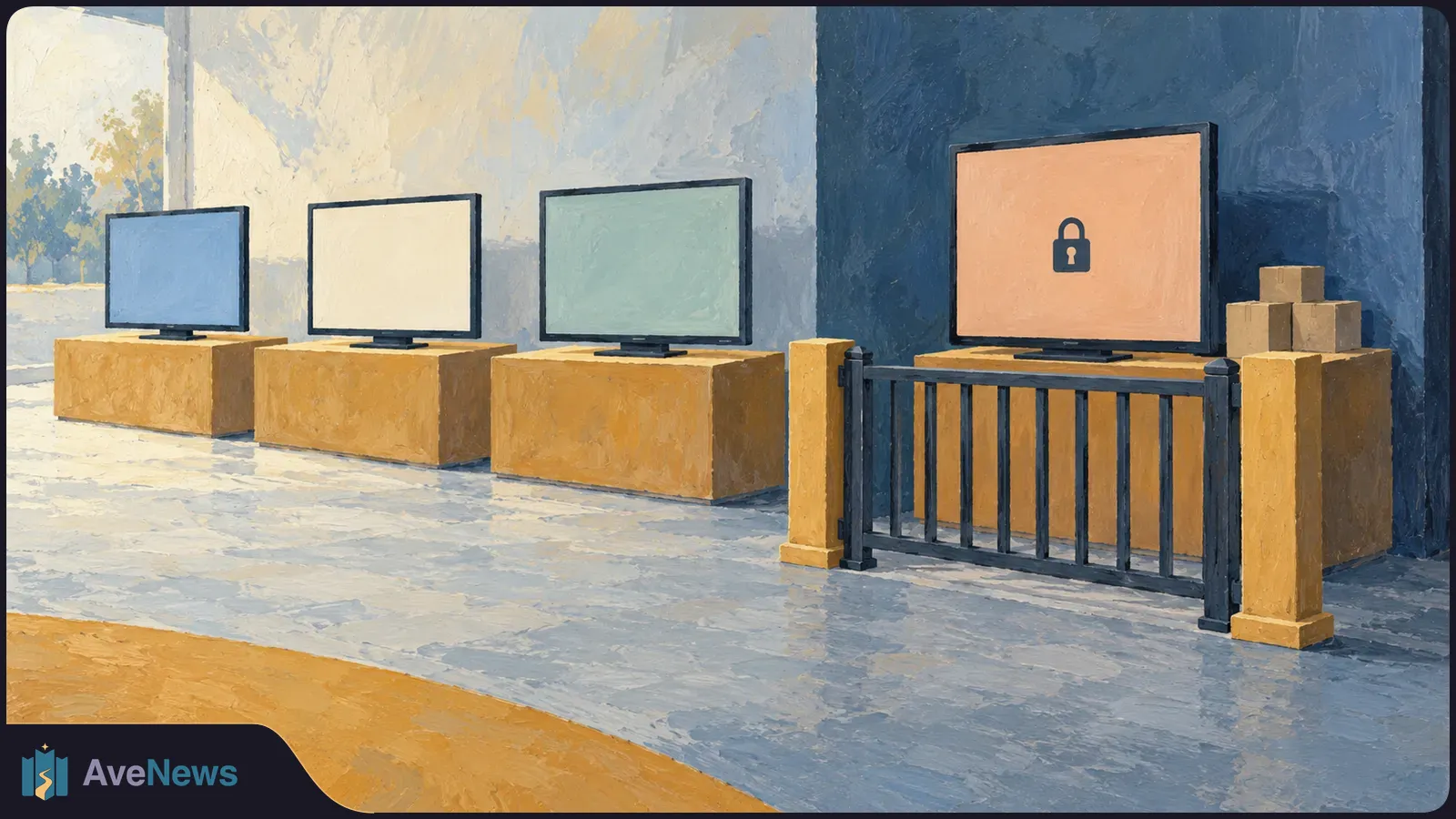 Illustration of four screens on gold-colored stands; the rightmost shows a closed padlock behind a dark railing, with boxes stacked beside it. SI illustration