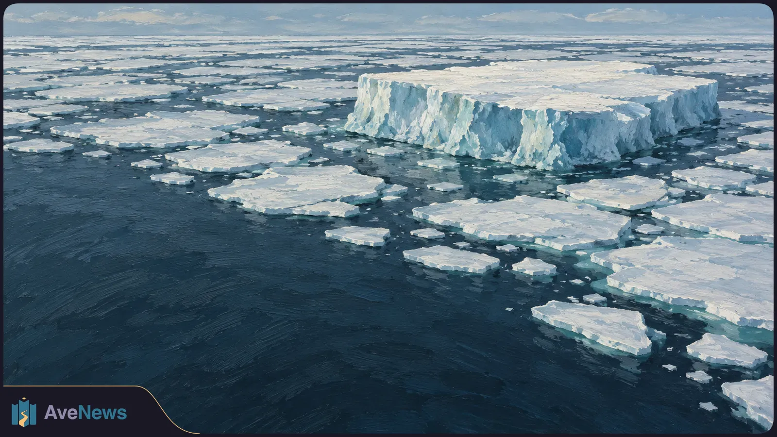 A large, steep-sided ice floe sits among smaller white floes on dark water, with broken sea ice stretching to the horizon. SI illustration