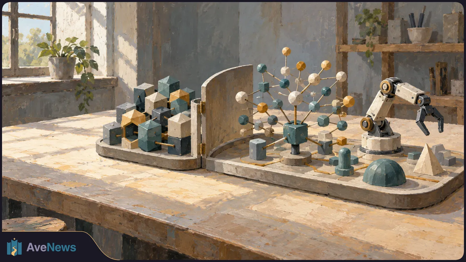 Painterly workshop scene with geometric blocks, a branching ball-and-stick model, and a robotic arm on a sunlit wooden table. SI illustration