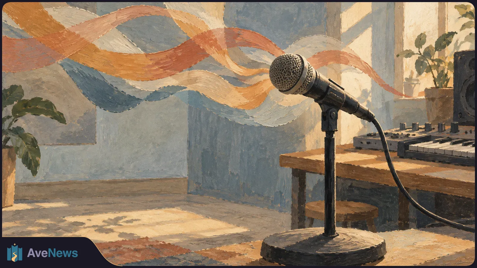 Painted studio scene with a microphone on a stand beside a keyboard, speaker and plants; broad orange and blue ribbons sweep across the background. SI illustration